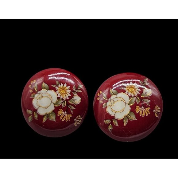 Cherry Red Enamel Clip On Earrings Hand Painted Vintage Floral Design - Picture 2 of 10